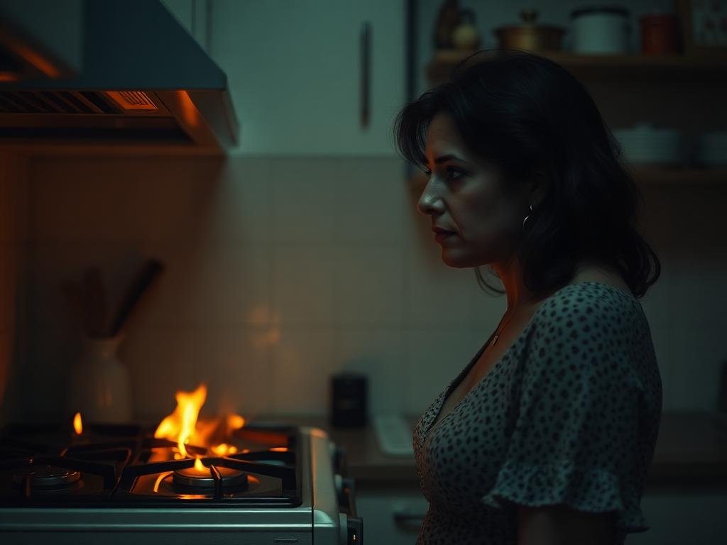 Mujer cocinando con expresión distante y agotada
